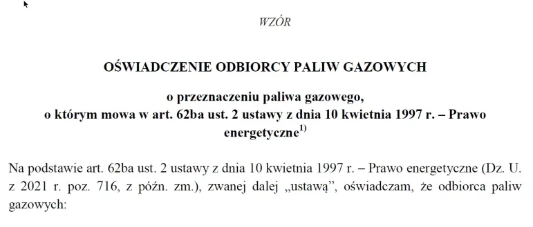 oświadczenie odbiorcy o przeznaczeniu paliwa gazowego