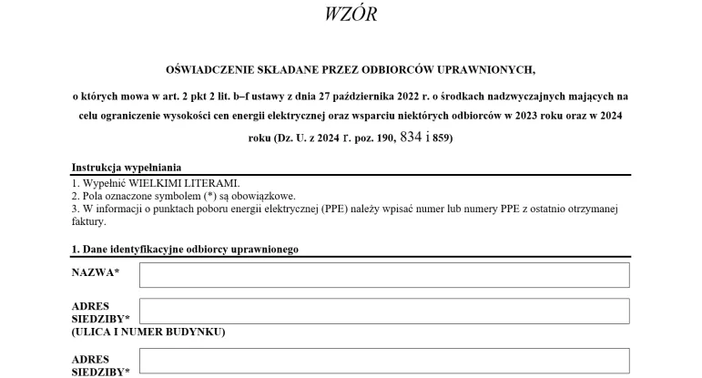 Nowy wzór oświadczenia odbiorcy uprawnionego, w związku z ustawą o bonie energetycznym