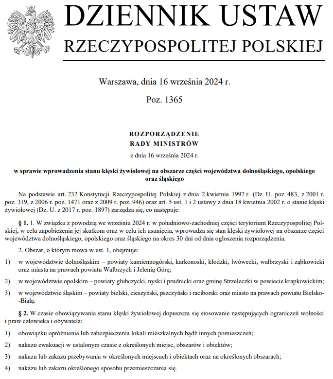 wprowadzenie stanu klęski żywiołowej rozporządzenie polska 2024