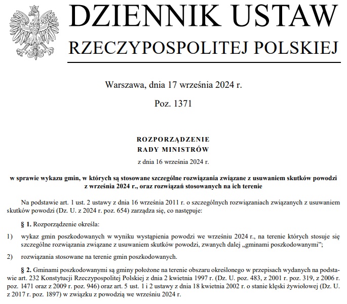 rozporządzenie rady ministrów z 16 września 2024 powódź