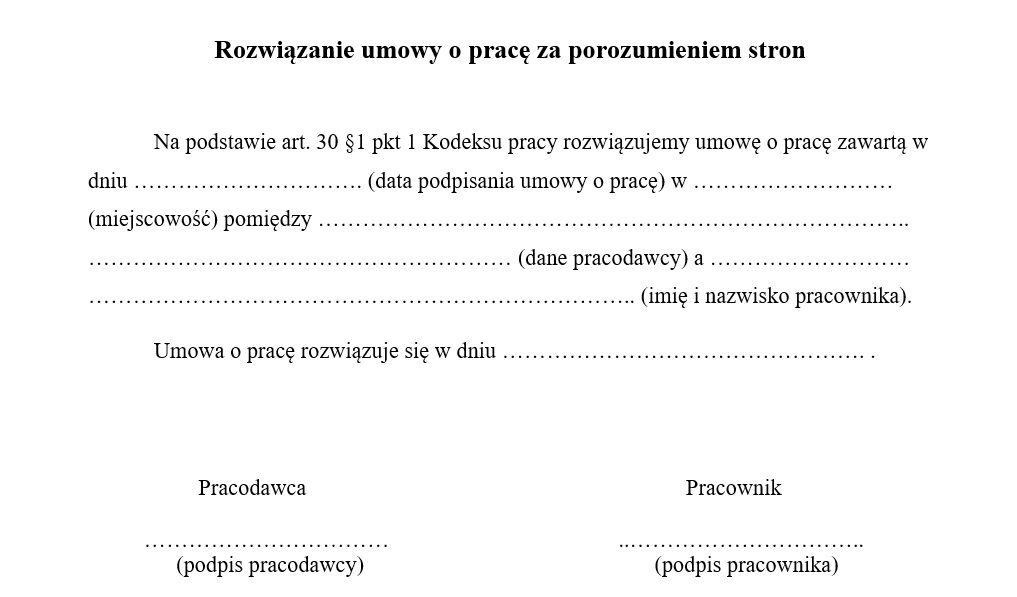 wzór rozwiązanie umowy o pracę za porozumieniem stron