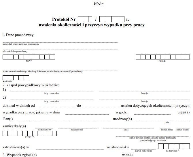 Protokół ustalenia okoliczności i przyczyn wypadku przy pracy - wzór