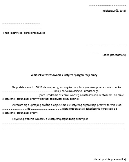 Wzór wniosku o całkowitą pracę zdalną dla rodzica dziecka do 8 lat