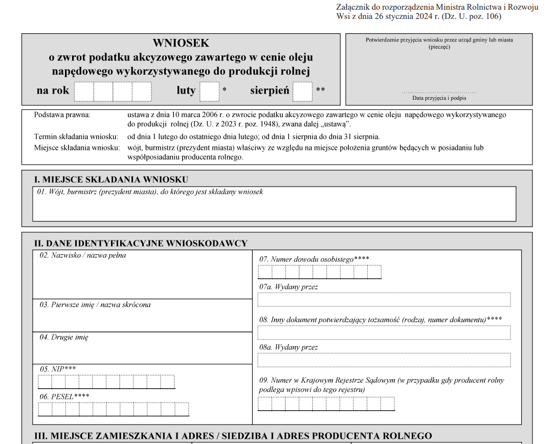 Wniosek o zwrot podatku akcyzowego za paliwo rolnicze - kiedy można składać w 2024 roku [WZÓR WNIOSKU]