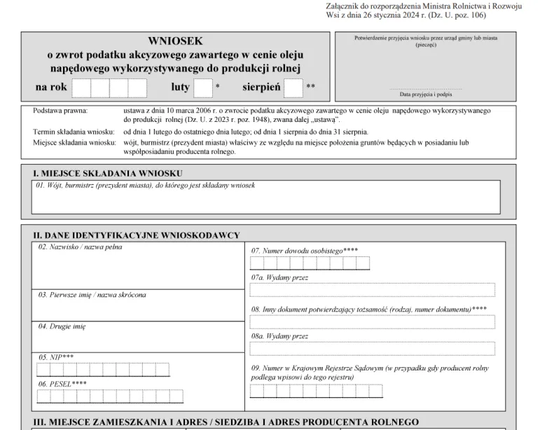 Wniosek o zwrot podatku akcyzowego za paliwo rolnicze - kiedy można składać w 2024 roku [WZÓR WNIOSKU]