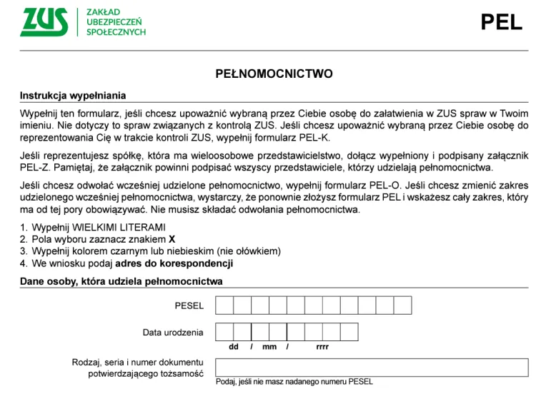 ZUS PEL - formularz pełnomocnictwa do załatwiania spraw w ZUS