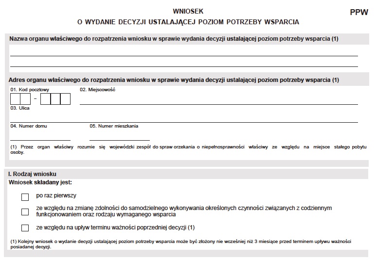 Wniosek o wydanie decyzji ustalającej poziom potrzeby wsparcia PPW