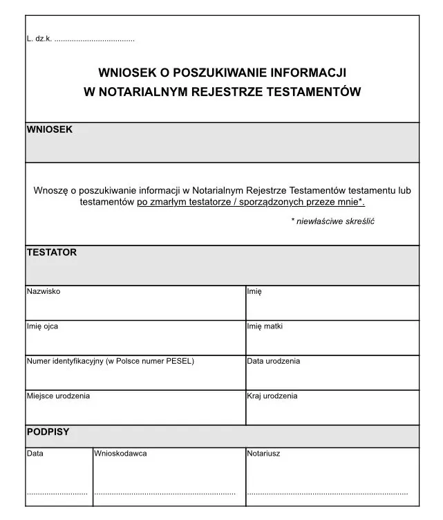 Wniosek o poszukiwanie informacji w Notarialnym Rejestrze Testamentów