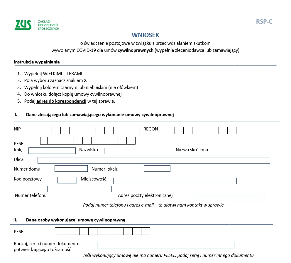RSP-C wniosek o świadczenie postojowe dla umów cywilnoprawnych.