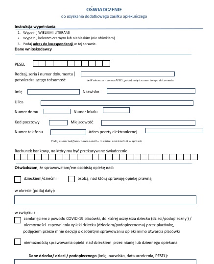 Oświadczenie do uzyskania dodatkowego zasiłku opiekuńczego z ZUS.