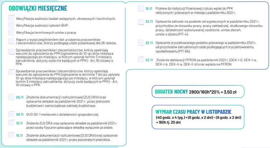 planner kadry i płace listopad 2021 wymiar czasu pracy dodatek nocny