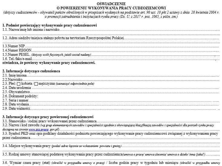 oświadczenie o powierzeniu wykonywania pracy cudzoziemcowi wzór 2022