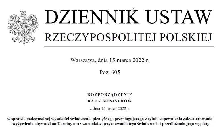 Rozporządzenie: 40 zł za dzień zakwaterowania i wyżywienia obywatela Ukrainy