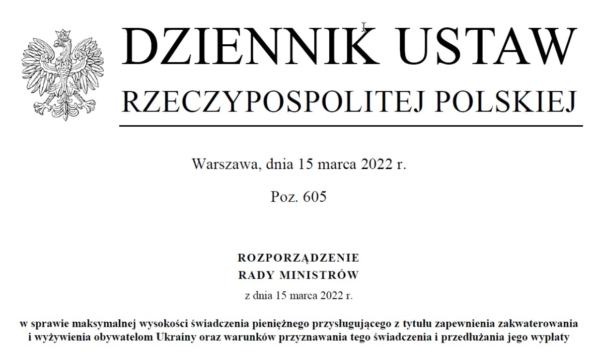 Rozporządzenie: 40 zł za dzień zakwaterowania i wyżywienia obywatela Ukrainy