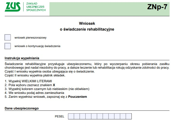 ZNp-7 zus wniosek o świadczenie rehabilitacyjne zasiłek druk