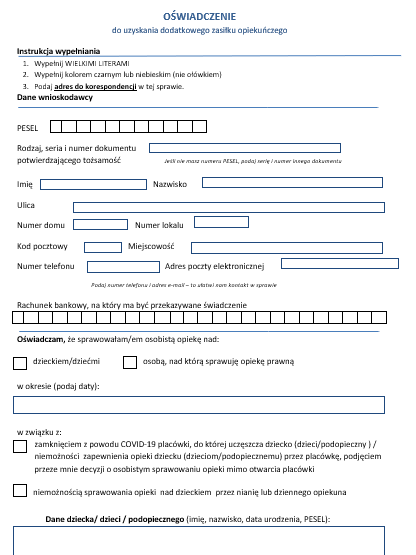 Oświadczenie do uzyskania dodatkowego zasiłku opiekuńczego z ZUS - nowy wzór.