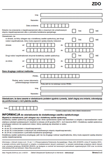 zus zdo oświadczenie do dodatkowego zasiłku opiekuńczego 2022 druk wzór