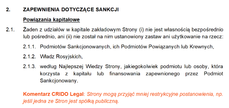 Klauzule umowne dotyczące wojny w Ukrainie - zapewnienia dot. sankcji (CRIDO)