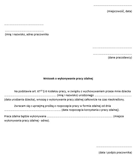 Wzór wniosku o pracę zdalną całkowitą dla rodzica dziecka do 4 lat