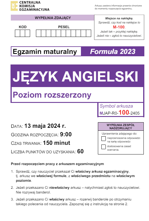 Matura 2024. Język angielski - poziom rozszerzony [ARKUSZE CKE i ODPOWIEDZI]