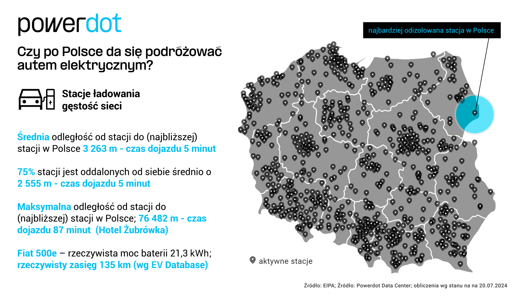 mapa odległości stacji ładowania aut elektrycznych - Powerdot Data Center 