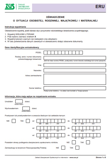 ZUS ERU Oświadczenie o sytuacji osobistej, rodzinnej, majątkowej i materialnej.