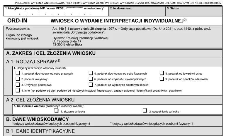 Wniosek o interpretację indywidualną ORD-IN, interpretacja podatkowa