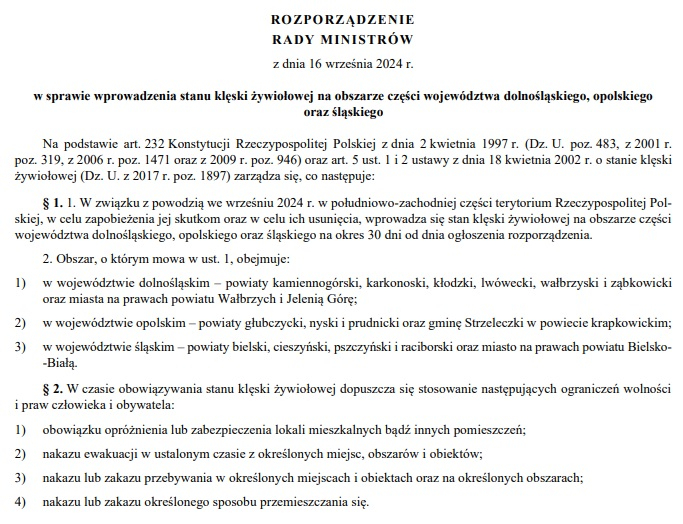 stan klęski żywiołowej polska 2024 gdzie obszar ograniczenia praw