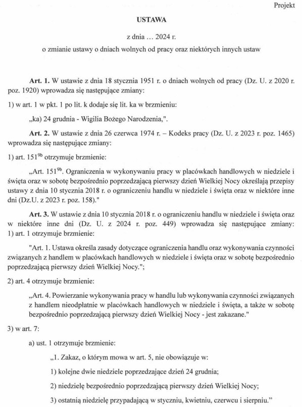 wigilia wolna od pracy projekt nowelizacji ustawy o dniach wolnych od pracy