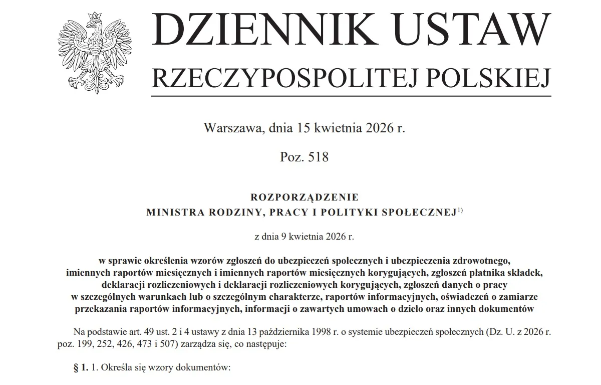 Nowe wzory aż 23 dokumentów ZUS od 30 kwietnia i 1 maja 2026 r. np. DRA, ZSWA, ZWUA, RCA [Rozporządzenie]