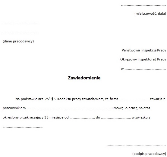 Zawiadomienie o zawarciu umowy na okres przekraczający 33 miesiące. Wzór zawiadomienia.