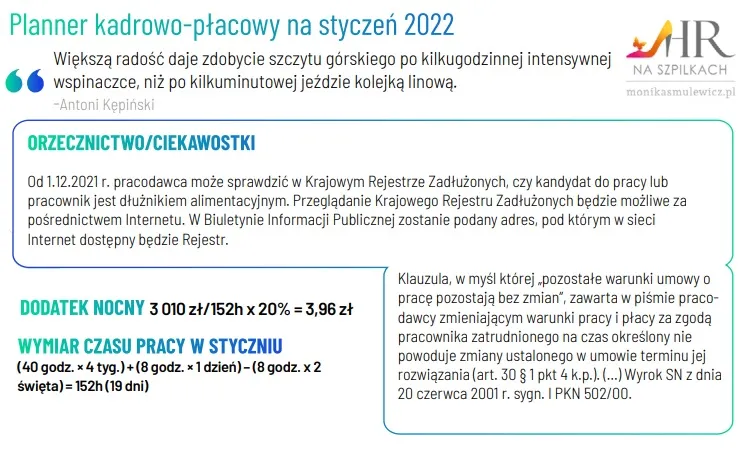 kadry i płace styczeń 2022 planner obowiązki dodatek nocny wymiar czasu pracy