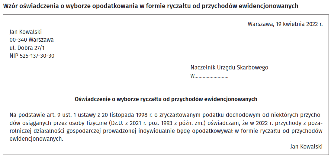 Oświadczenie o wyborze ryczałtu ewidencjonowanego w działalności gospodarczej.