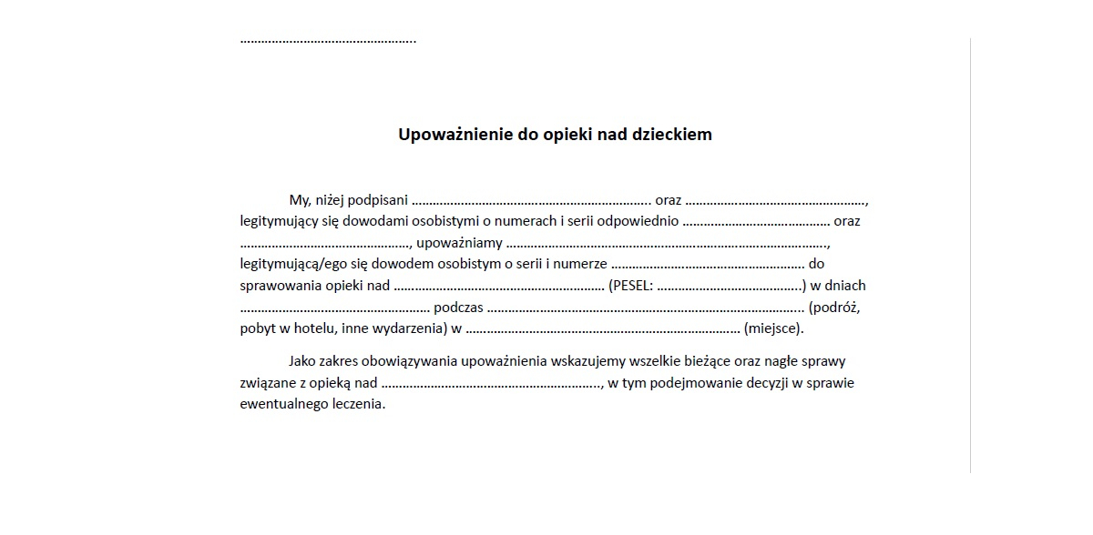 upoważnienie do opieki nad dzieckiem wzór do pobrania wyjazd wakacje