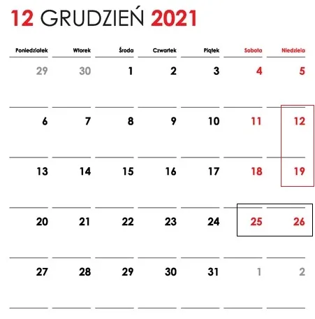 grudzień 2021 godziny pracy dni wolne od pracy norma godzin dni robocze kalendarz