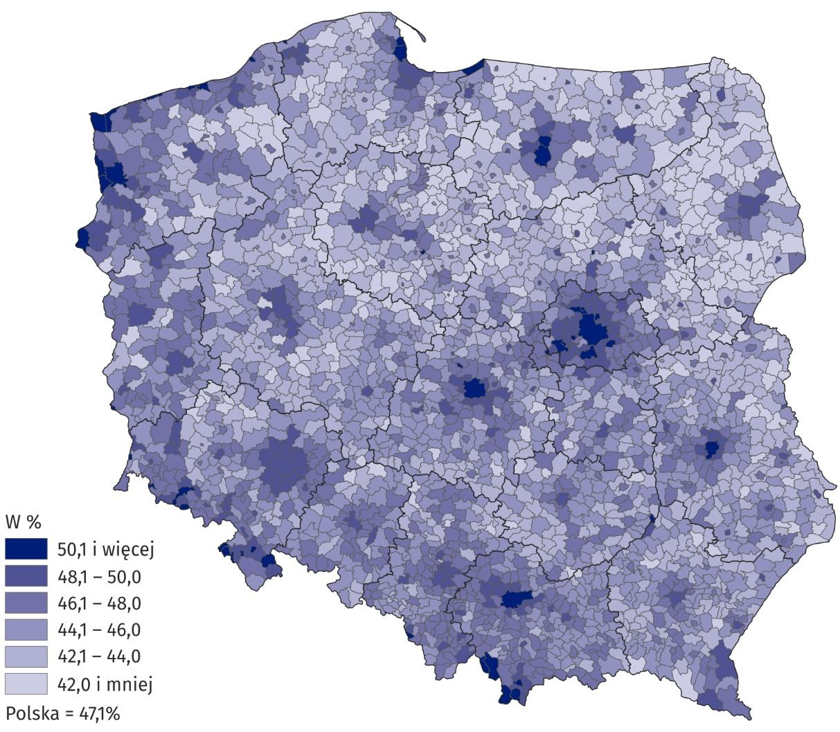 Mapa. 1. Udział kobiet w ogólnej liczbie pracujących w gospodarce narodowej 8 2023