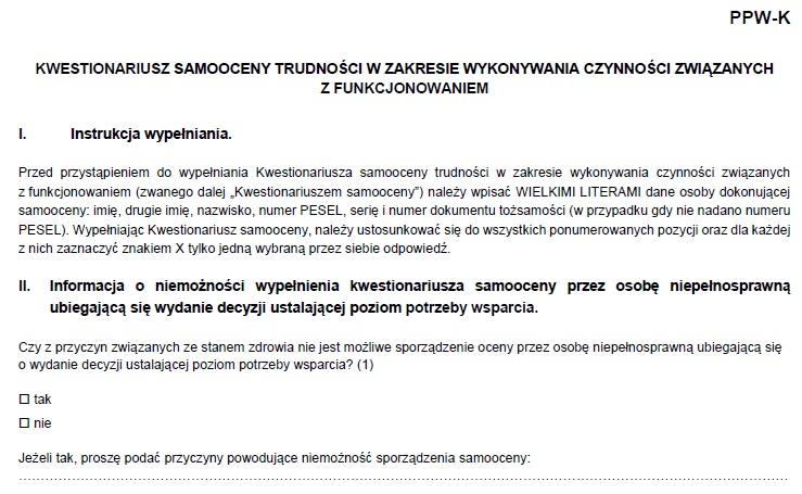 kwestionariusz do wniosku o wydanie decyzji ustalającej poziom potrzeby wsparcia