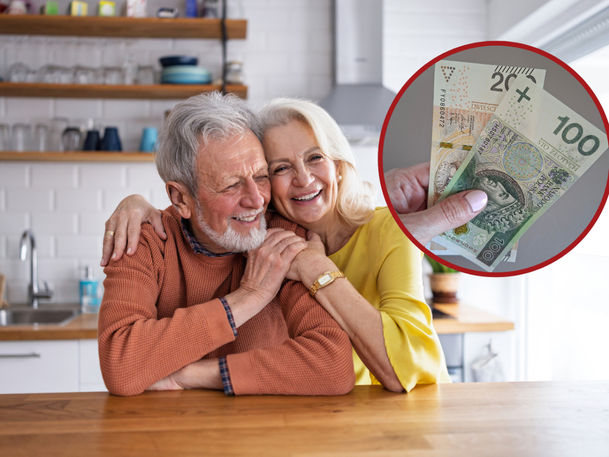 Seniorzy przytulają się, w ramce pieniądze