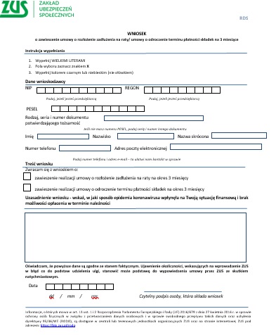Wniosek ZUS RDS o o zawieszenie umowy o rozłożenie zadłużenia na raty/ umowy o odroczenie terminu płatności składek na 3 miesiące.