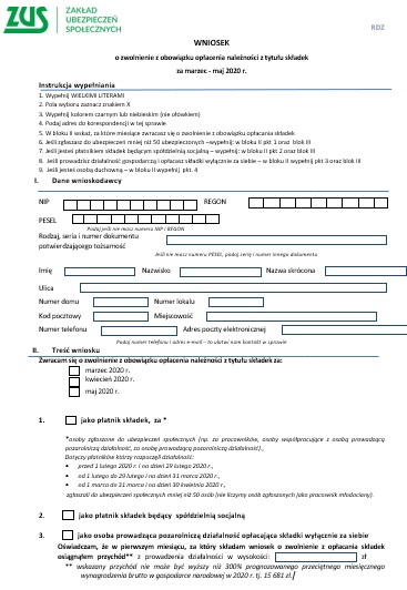 Nowy wniosek ZUS RDZ o zwolnienie z obowiązku opłacania należności z tytułu składek za marzec-maj 2020 r.