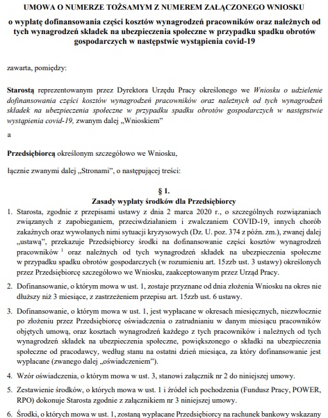 Umowa o wypłatę dofinansowania części kosztów wynagrodzeń pracowników oraz należnych od tych wynagrodzeń składek na ubezpieczenia społeczne w przypadku spadku obrotów gospodarczych w następstwie wystąpienia covid-19