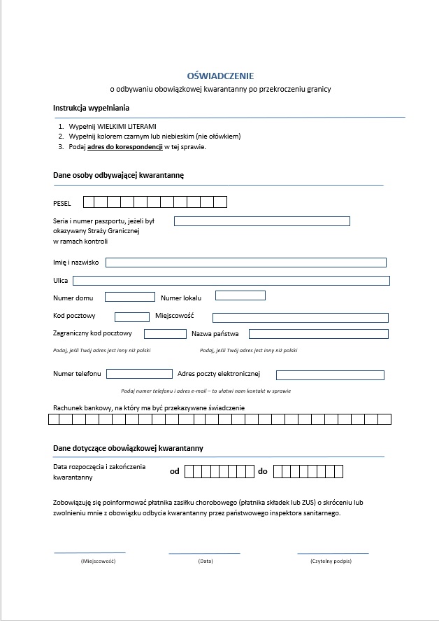 Oświadczenie o odbywaniu obowiązkowej kwarantanny po przekroczeniu granicy/Źródło: ZUS