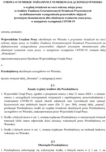 Umowa o wypłatę świadczeń na rzecz ochrony miejsc pracy ze środków FGŚP na dofinansowanie wynagrodzenia pracowników objętych przestojem ekonomicznym albo obniżonym wymiarem czasu pracy, w następstwie wystąpienia COVID-19 (koronawirusa)