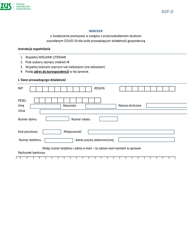 Wniosek ZUS RSP-D o świadczenie postojowe w związku z przeciwdziałaniem skutkom wywołanym COVID-19 (koronawirusem) dla osób prowadzących działalność gospodarczą