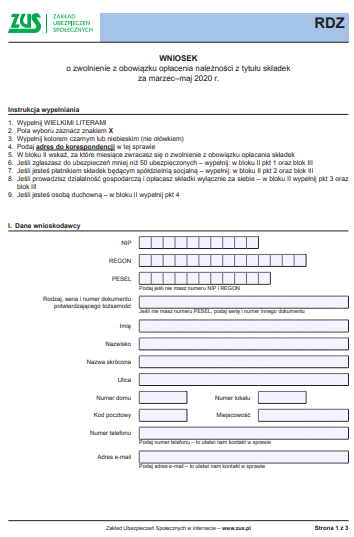 ZUS RDZ wniosek o zwolnienie z obowiązku opłacania nalezności z tytułu składek za marzec-maj 2020