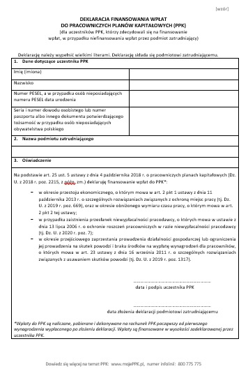 Deklaracja finansowania wpłat do Pracowniczych Planów Kapitałowych PPK wzór.
