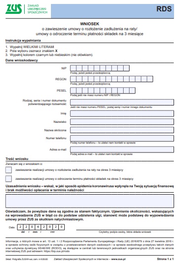 ZUS RDS Wniosek o zawieszenie umowy o rozłożenie zadłużenia na raty, umowy o odroczenie terminu płatności składek na 3 miesiące