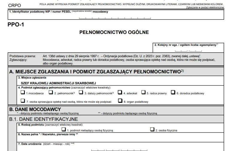 pełnomocnictwo ogólne w sprawach podatkowych - formularz PPO-1