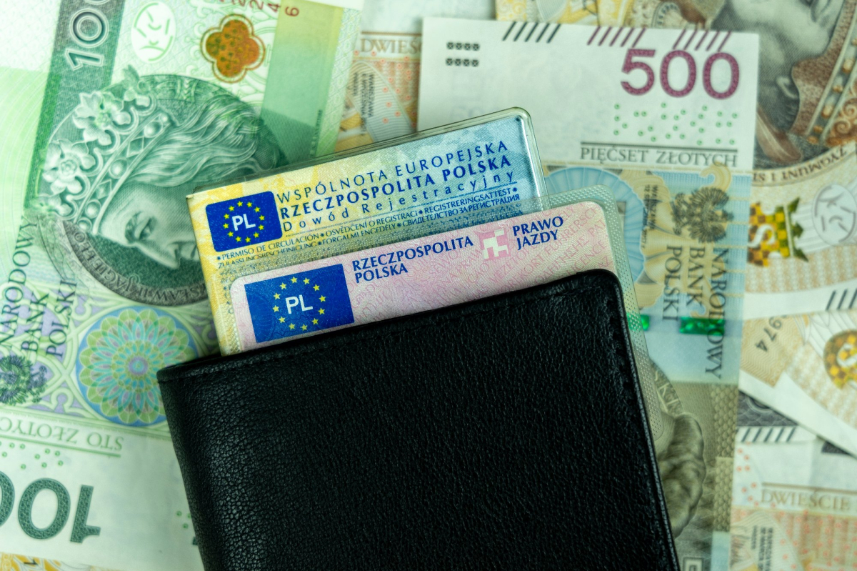 prawo jazdy i dowód rejestracyjny lekko wysunięte z etui z banknotami w tle