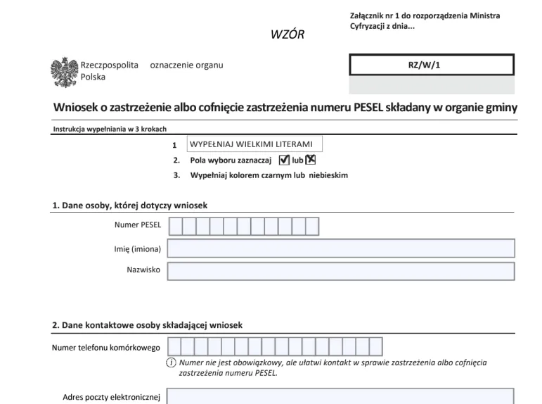 Wniosek o zastrzeżenie nr PESEL - albo o cofnięcie zastrzeżenia - składany w gminie  - projekt